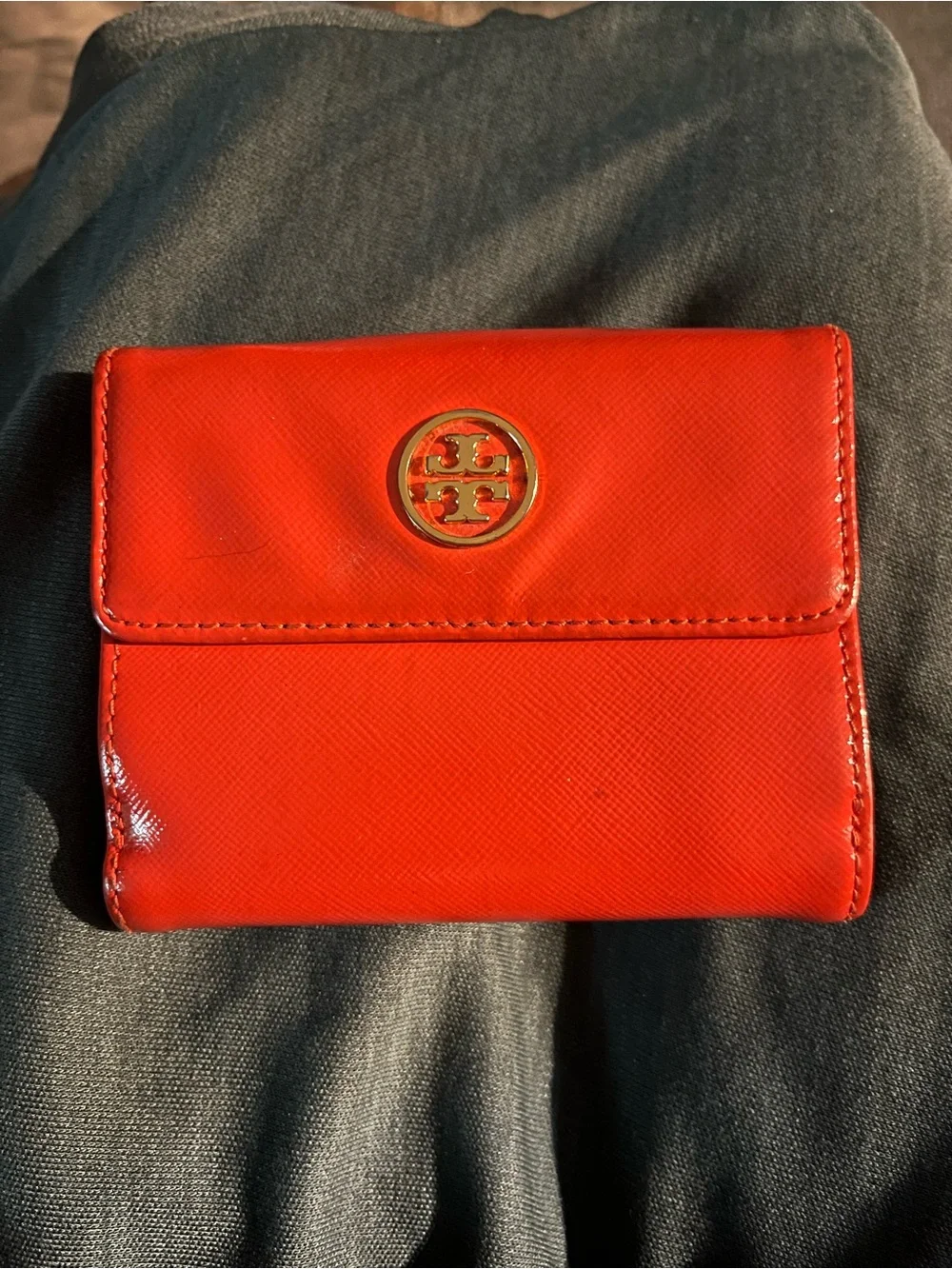 Tory Burch Bright Red Saffiano Logo Compact Wallet